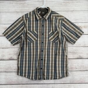 REI Button Down Vented Organic Cotton Shirt Mens Large Blue Beige Striped